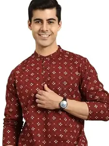 Zombom Men's Cotton Polyester Blend Solid Regular Fit Full Sleeve Printed Short Kurta | Ethnic, Lightweight Summer Kurta for Daily & Occasion Use | Men's Trendy Short Kurta