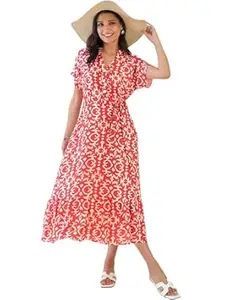 JUSTHER Women's Elegant Ikat Print Midi Dress – Wrinkle-Free A-Line Dress with Adjustable Waist Tie and V-Neckline