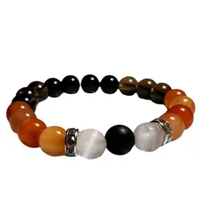 RRJEWELZ Natural Smoky Quartz, Black Onyx, Selenite & Carnelian 10mm round Shape smooth Cut Beads 8 Inch Stretchable Bracelet for Men & Women.|STBR_RR_08278_8.0