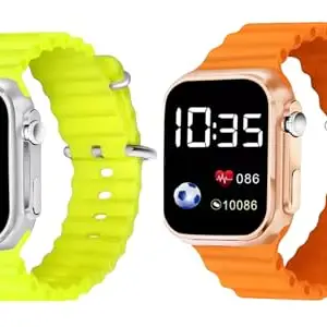 KIMY_Fashionable Ultra LED Square Dial Kids Wristwatch Suitable for Boys of All Ages (L Green and Orange)