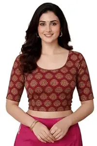 Amazon Brand - Anarva Women's Kalamkari Print Cotton Stretchable Round Neck Readymade Saree Blouse