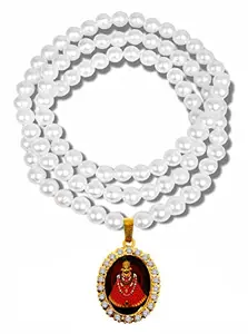 Airtick Unisex JAR0480 Golden Color Oval Shape Diamond Nug Engraved/Studded Hindu God Lord Shri Baba Khatu Shyam/Barbarika Ji Pendant Locket Necklace With White Pearl Beads/Moti Mala