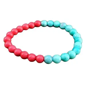 RRJEWELZ 8mm Natural Gemstone Blue Amazonite & Pink Coral round shape smooth cut beads 7.5 inch stretchable bracelet for men & women. | STBR_RR_02637