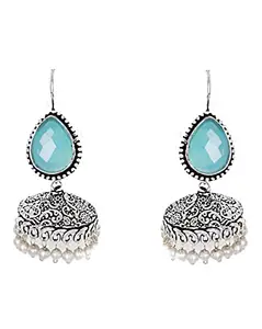 TEEJH Sahasra Light Blue Stone Silver Oxidised Earrings For Women