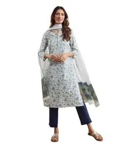 Fabindia Avni Blue Cotton Pant, Dupatta & Kurta Set