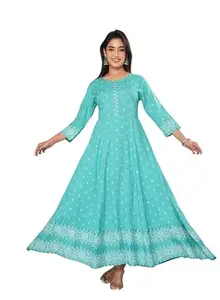 Women's Printed Maxi Dress with Border, 3/4 Sleeves, Ethnic Style KJ6