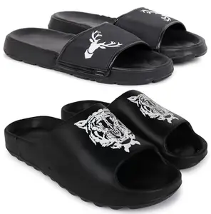 Pampy Angel Combo Pack of 2 Slipper/Flip Flops/Slides/Clogs/Sandals with Adjustable Back Strap for Men,(Singa-Black,Y-Tyger-Black),9 (UK/India)