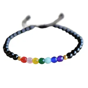 RRJEWELZ Natural 7 Chakra Stone & Shungite Round Shape 4mm Smooth & Faceted Beads Black Color Threaded Adjustable Bracelet For Men & Women. |TDBR_0294