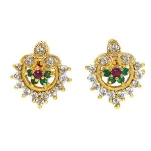 RAMDEV ART FASHION JEWELLERY Gold-Plated Ruby and Baguette Cubic Zirconia Drop Earrings for Girls, Stylish
