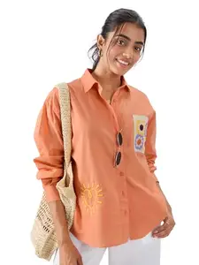 The Souled Store Coral Rose Women and Girls Long Sleeve Collared Neck Button Front Cotton Boyfriend Shirts