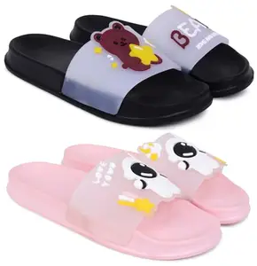 Pampy Angel Combo Pack of 2 Slipper/Flip Flops/Slides for Women,(Bear-Black,Tra-Space-Pink),41 (Euro)