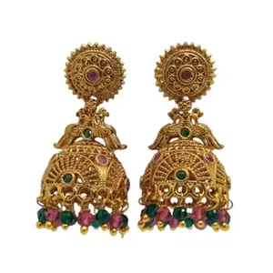Gold Plated Beads Drop Jhumki/Jhumka Earrings for Women & Girls (MR-201) Ruby pink & Green