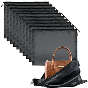 GONGKANGYUAN 10 Pack Silk Dustproof Drawstring Bag Travel Storage Pouch,Silk Cloth Bag With Drawstring Large Storage Pouch for Handbag Purse Shoes Boots, Black, Silk