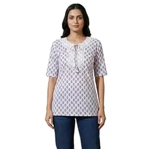 Teenager Girl(5'3 Height) Cotton Printed Straight Short Kurti with Tie-up Neck, Half Sleeves, M to XL (Lavender Traditional Block Print Kurti)