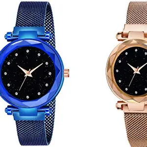 KIARVI GALLERY Blue and Gold Color Magnetic Strap Buckle Combo Watch for Women