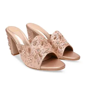 ROCIA By Regal Rose Gold Women Heavy Embroidered Block Heel Sandals