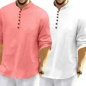 FINIVO FASHION Combo of Men’s Casual Full Sleeve Kurta Style Shirt with Button Placket, Lightweight Breathable Fabric, Regular Fit Ethnic Fusion Wear for Daily & Festive Use Pack of 2
