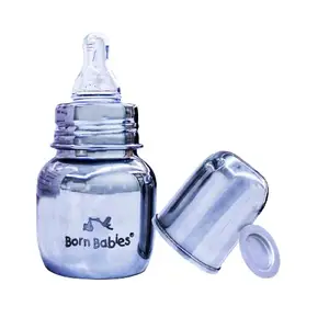 Born Babies Stainless Steel Feeding Bottle with Anti-Colic Silicone Nipple & Travel Cap - 120 ml