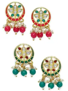 OOMPH Jewellery Combo of 2 Rani Pink & Green Meenakari Ethnic Stud Earrings - Kundan Floral Design for Women & Girls (RN-EHC217+G-EHC217_Z)- For Women & Girls Stylish Latest