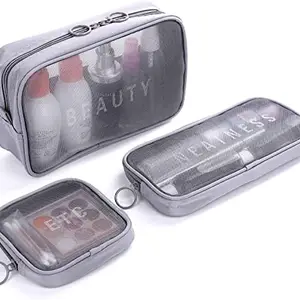 QUIRKMALL Transparent Mesh Toiletry Bag Set, Cosmetic Pouch, Multi-Functional Travel Pouch, Toiletry Storage Bag (Set of 3) (Grey)