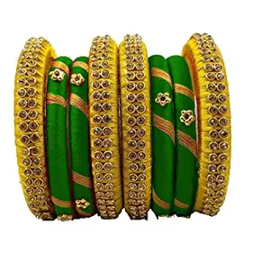 pratthipati's Silk Thread Bangles Plastic Bangle Set For Womens New (Green-Yellow) (Pack of 8) (Size-2/12)