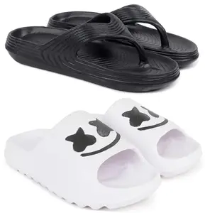 Pampy Angel Combo Pack of 2 Slipper/Flip Flops/Slides/Clogs/Sandals with Adjustable Back Strap for Men,(V-Evafeet-Black,Y-Smarto-White),6 (UK/India)
