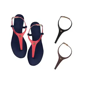 Cameleo -changes with You! Women's Plural T-Strap Slingback Flat Sandals | 3-in-1 Interchangeable Leather Strap Set | Red-Black-Brown
