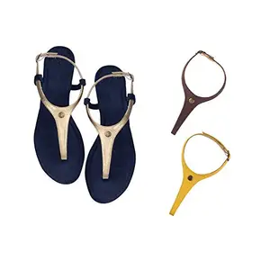 Cameleo -changes with You! Women's Plural T-Strap Slingback Flat Sandals | 3-in-1 Interchangeable Leather Strap Set | Gold-Brown-Yellow