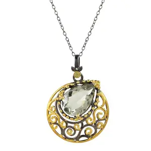 Ravishing Impressions Green Amethyst & Peridot Ethnic Beautiful Design 925 Sterling Silver, Black Rhodium, Gold Plated Pendant with Chain