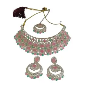 Achivus Gold Plated Green Kundan & Beads Studded Choker Necklace Set For Women Pink And Green Color Choker (Pack of 1)