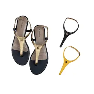Cameleo -changes with You! Women's Plural T-Strap Slingback Flat Sandals | 3-in-1 Interchangeable Leather Strap Set | Gold-Black-Yellow