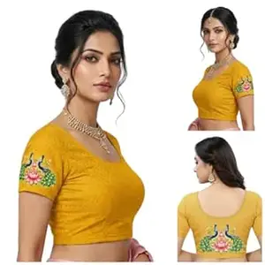 PAARTH ENTERPRISE PAARTH ENTREPRISE Women Cotton Blend Round Neck Short Sleeve Readymade Saree Blouse