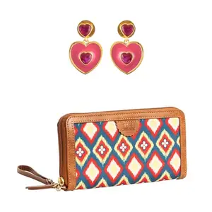 VOYLLA Valentine's Day Pink Heart Drop Earrings With Ikkat Long Wallet|Gift for valentine|Gift for Girlfriend|