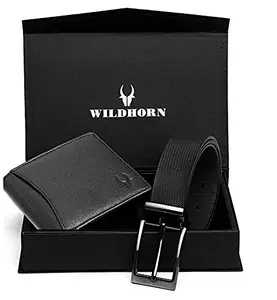 WildHorn Black Leather Men's Wallet & Belt Combo Set (Rakhi BW Gift 1173)