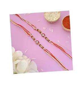meryCraft 2 Pieces Golden Designer Evil Eye Rakhi with Red Handmade Thread, and Roli Chawal Pack - Rakhi for Brother/bro/mens/boys-R-2024-62