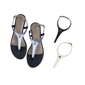 Cameleo -changes with You! Women's Plural T-Strap Slingback Flat Sandals | 3-in-1 Interchangeable Leather Strap Set | Silver-Black-White