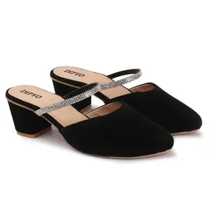 DIPYO Stylish Crystle Shine Stone Black Block Heel Sandals For Women & Girls | (Black, 41)