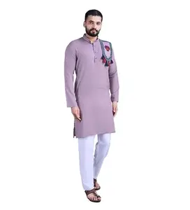 Men's Rayon Mirror Embroidery Mandarin Collar Kurta (Purple, M)-PID59985