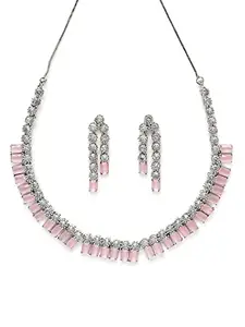 Karatcart Silver Tone Pink Cubic Zirconia Studded Necklace Set for Women