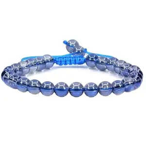 Lady Works Natural Aqua Blue Clear Quartz Threaded Bracelet 8mm Round Smooth Beads Aqua Blue Clear Quartz Adjustable Thread Bracelet. Unisex Macrame Yoga Bracelet.|LW_TDBR_0407