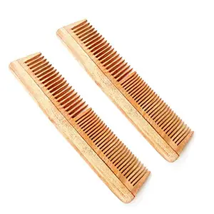 QS CollectionsNatural Pure Neem Wood Comb Double Tooth Wooden Comb For Hair Growth For Women And Men (Set Of 2)