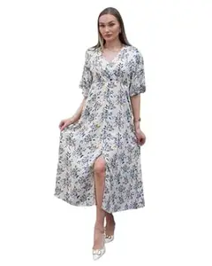 AAPSAAVI Elegant Floral V-Neck Dress Front Slit-Chic Casual Summer Wear for Women–Breathable Fabric Aesthetic Floral Pattern Dress