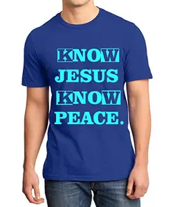Caseria Men's Round Neck Cotton Half Sleeved T-Shirt with Printed Graphics - Know Jesus Know Peace (Royal Blue, MD)