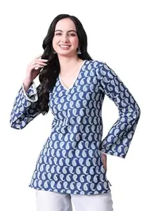 MEERA FAB Women's Floral Printed Cotton Short Top | Sanganeri Printed Top Full Sleeves | Short Kurti for Women