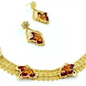 Abhirupa Gold Plated Meekari Butterfly Design Short Necklace Chokker Set with a pair of Earrings for women & Girls