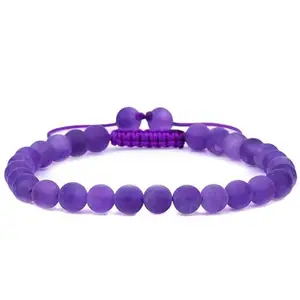 Lady Works Natural Matte Amethyst Threaded Bracelet 8mm Round Smooth Beads Matte Amethyst Adjustable Thread Bracelet. Unisex Macrame Yoga Bracelet.|LW_TDBR_1206