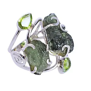 SILCASA Moldavite & Peridot Raw Gemstone Ring High Vibration Rough Protection Crystal Jewellery, 925 Silver Plated Ring/US-11/64 (20.4) / V 1/2