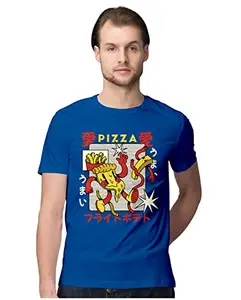 ALLEN BLACK Men's Regular Fit T-Shirt Pizza Retro Cartoon 100% Cotton T-Shirt Royal Blue_PIZAJARTON-Royal Blue S Men Round_