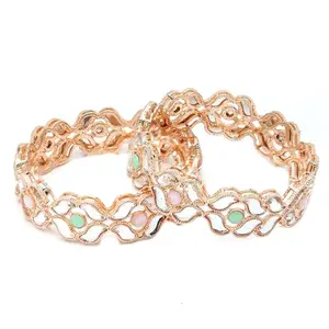 ZENEME Set of 2 Rose Gold-Plated Lime Green & Pink Artificial Stones studded Bangles for Women & Girls (2.4) (Style_02, 2.6 Inches)