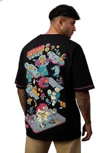 The Souled Store Oversized T-Shirt: Arcade Gamer Men and Boys Short Sleeves Round Neck Black Graphic Printed Casual Lightweight Streetwear Cotton Oversized T-Shirts